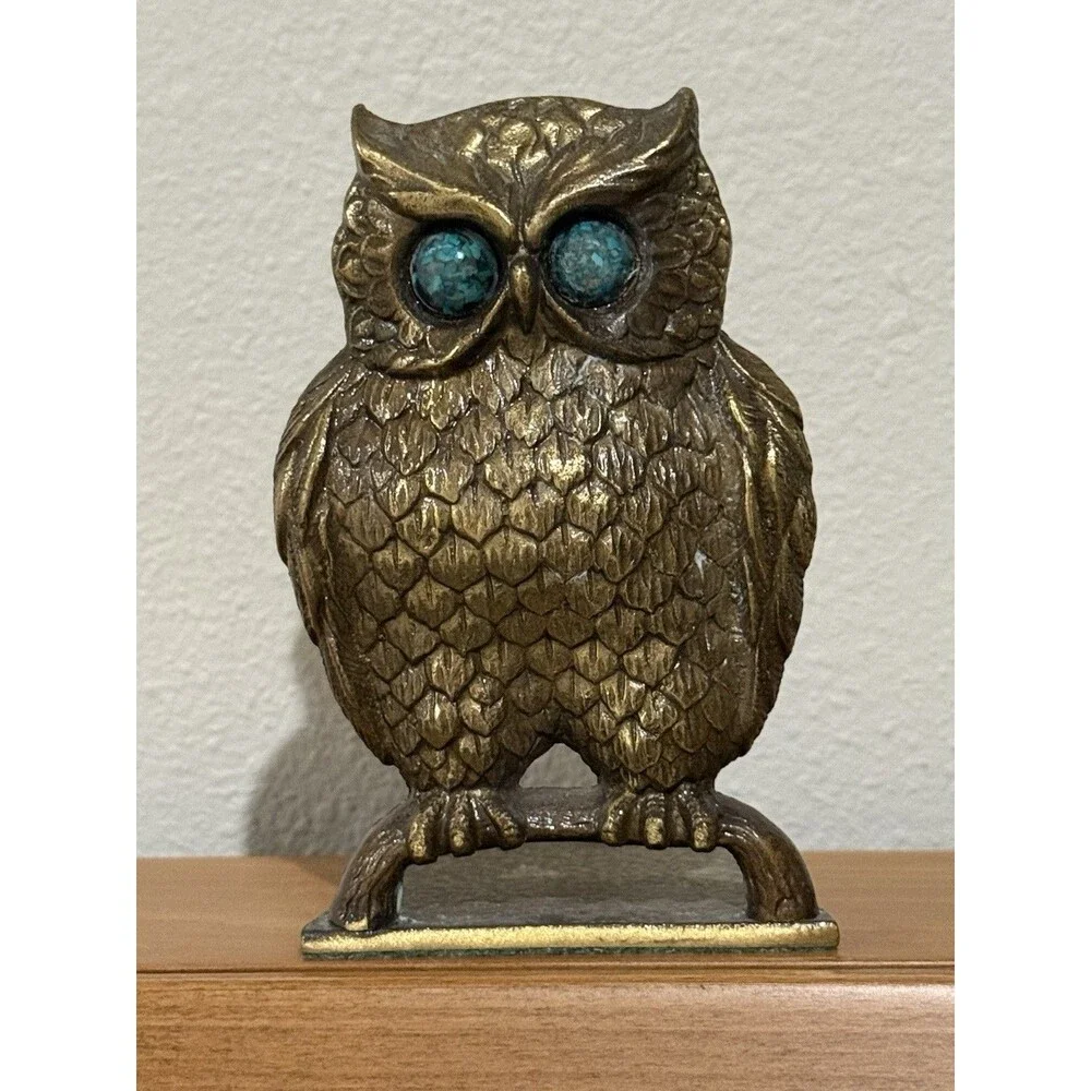 Vintage Owl Bookend Handmade Brass Bluish Green Eyes
